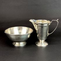 A hallmarked silver Mappin & Webb jug with a hallmarked silver bowl, jug H. 11cm.