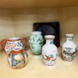 Five Japanese porcelain items and a lacquered tray, tallest vase 15cm.