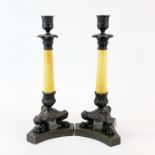 A pair of bronze and marble classical candlesticks, H. 34cm.