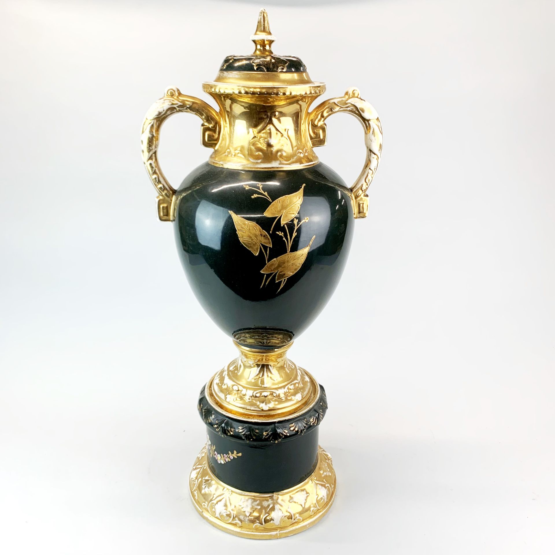 A large 19th century hand painted and gilt soft paste porcelain urn and cover, H. 68cm. - Image 3 of 3