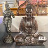 A carved hardwood figure of a seated Buddha together with a cold cast Indian deity, tallest H.