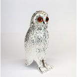 A heavy silver plated owl sugar shaker with glass eyes, H. 15cm.