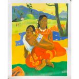 An unmounted oil on canvas of Polynesian women after Gauguin, 88 x 74cm.