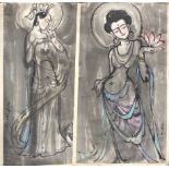 A pair of unmounted Chinese watercolours on art paper, W. 52cm.