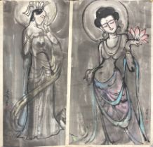 A pair of unmounted Chinese watercolours on art paper, W. 52cm.