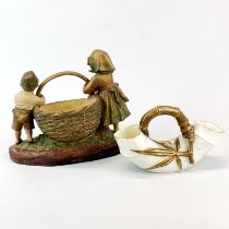 A Royal Worcester porcelain bamboo shaped basket together with a 19th century hand painted
