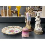 Two lamp bases mounted with porcelain figures, one A/F, together with a porcelain box and a hand