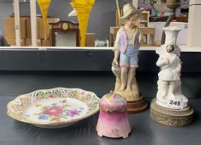 Two lamp bases mounted with porcelain figures, one A/F, together with a porcelain box and a hand