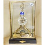 A large reproduction four glass gilt brass skeleton clock, H. 51 x 34 x 24cm.