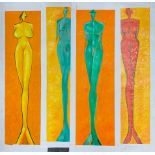 A set of four unmounted oils on canvas, 38 x 112cm.