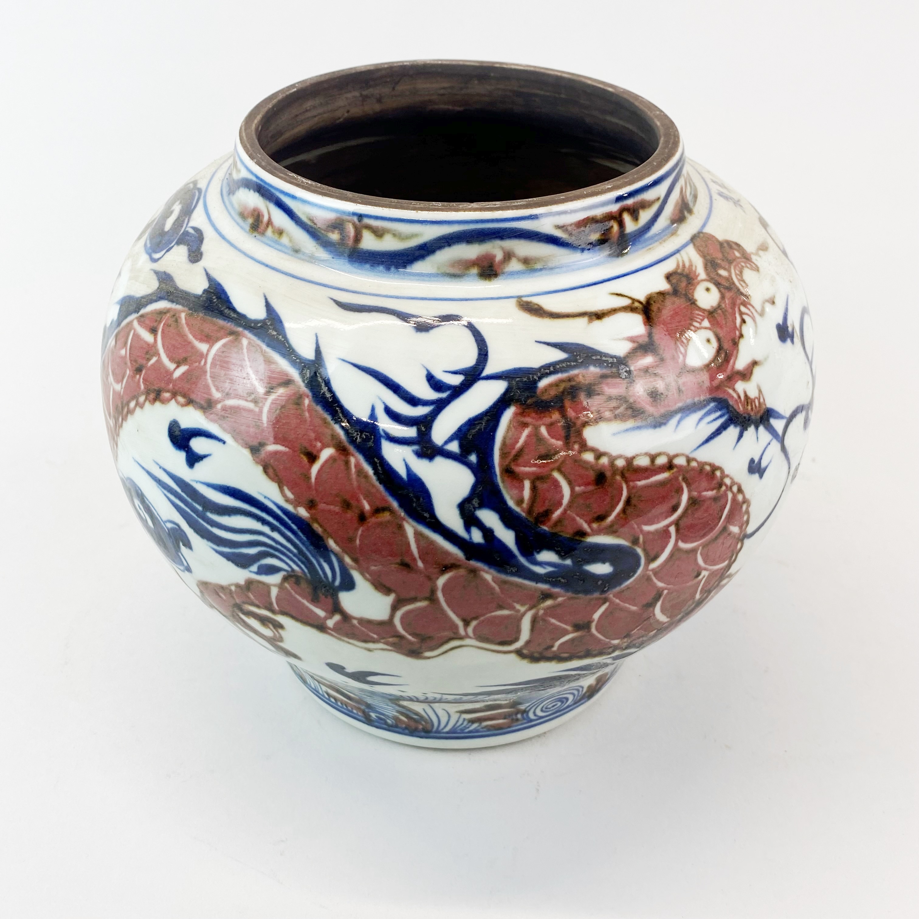 A Chinese hand-painted porcelain jar and cover with underglaze blue and iron red decoration, H. - Image 2 of 5