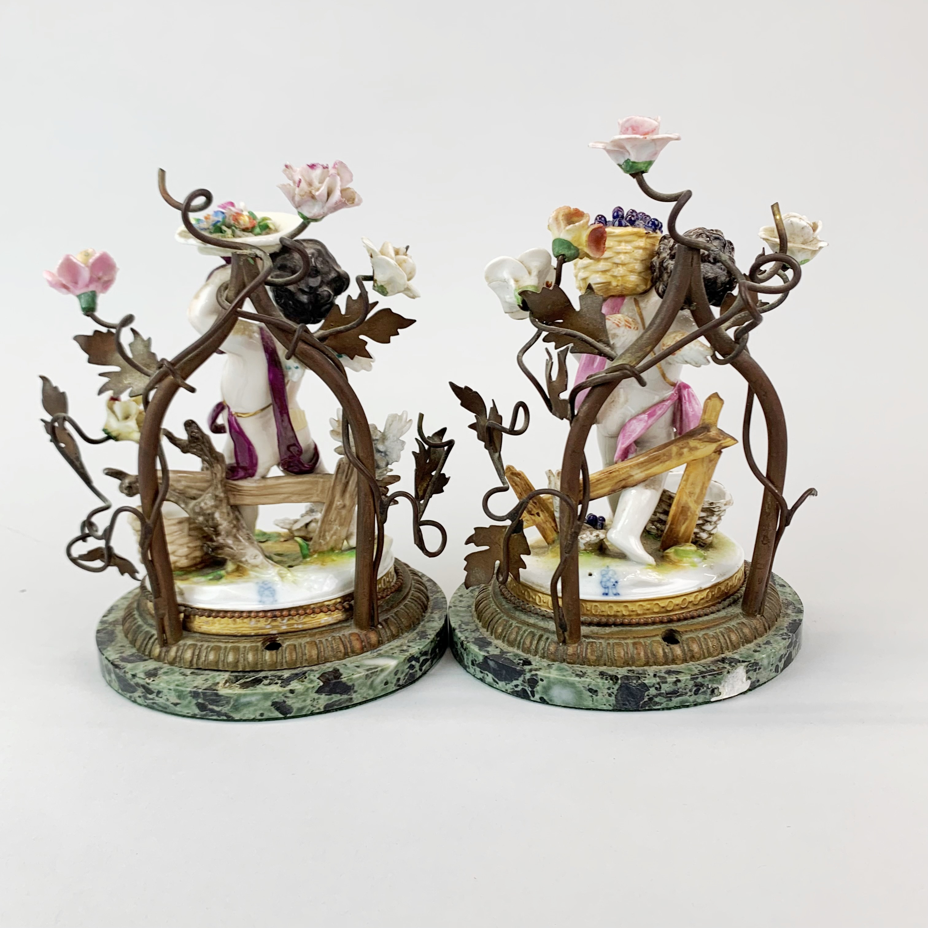 A lovely pair of German porcelain cherub figures with bronze tree decoration and marble bases, H. - Image 5 of 5