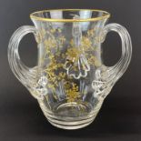 A fine hand gilded three handled crystal vase, H. 18cm.