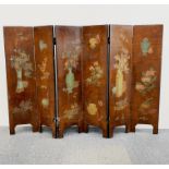 A mid-20th century Chinese hand-painted folding lacquer screen, H. 99cm. each panel W. 25cm.