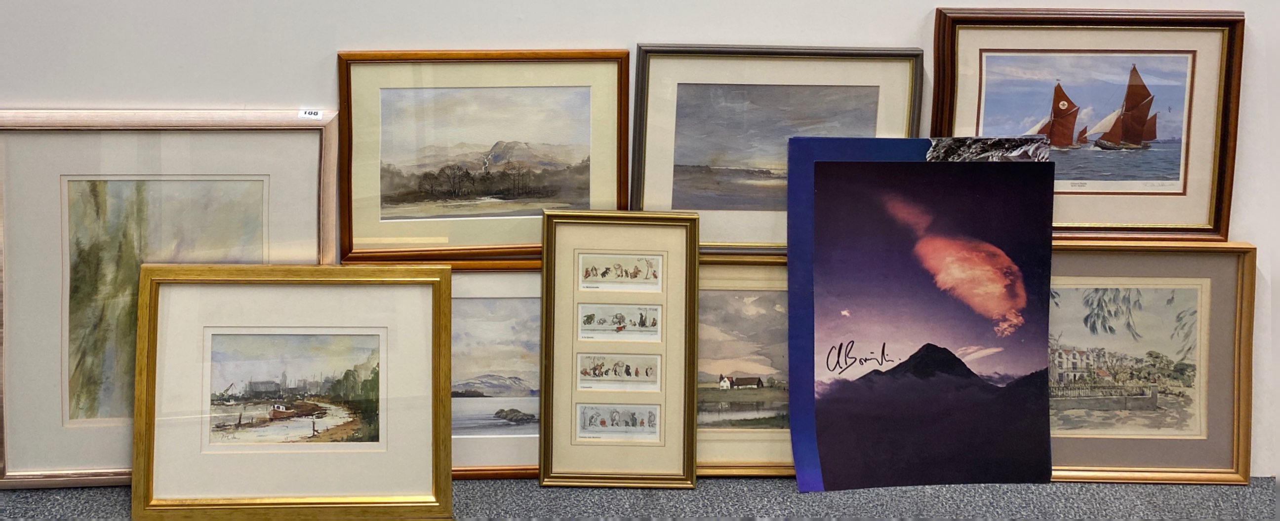 A group of watercolours and prints, largest frame size 55 x 66cm.