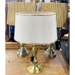 A pair of brass table lamps with silk shades together with a further brass desk lamp and shade, H.