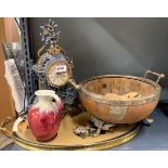 Two vintage trays together with a wooden fruit bowl, classical style brass clock (quartz) and