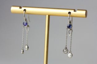 A pair of white metal drop earrings set with old cut diamonds and sapphires, L. 3.5cm.