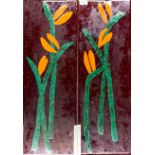 A pair of art glass panels with aluminium mounts, 74 x 26cm.