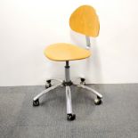 A stylish metal and wooden adjustable desk chair, tallest H. 98cm.