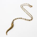 A large 9ct yellow gold 'Horn of plenty' pendant, L. 7cm, on a 9ct gold chain, L. 58cm.