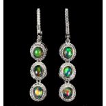 A pair of 925 silver drop earrings set with cabochon cut opals and white stones, L. 4.6cm.