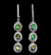 A pair of 925 silver drop earrings set with cabochon cut opals and white stones, L. 4.6cm.