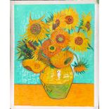 A large oil on canvas of sunflowers.