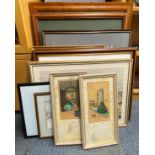 A group of mixed watercolours and prints, largest 59 x 73cm.