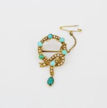 A yellow metal (tested high carat gold) brooch set with turquoise and seed pearls, L. 4.5cm.