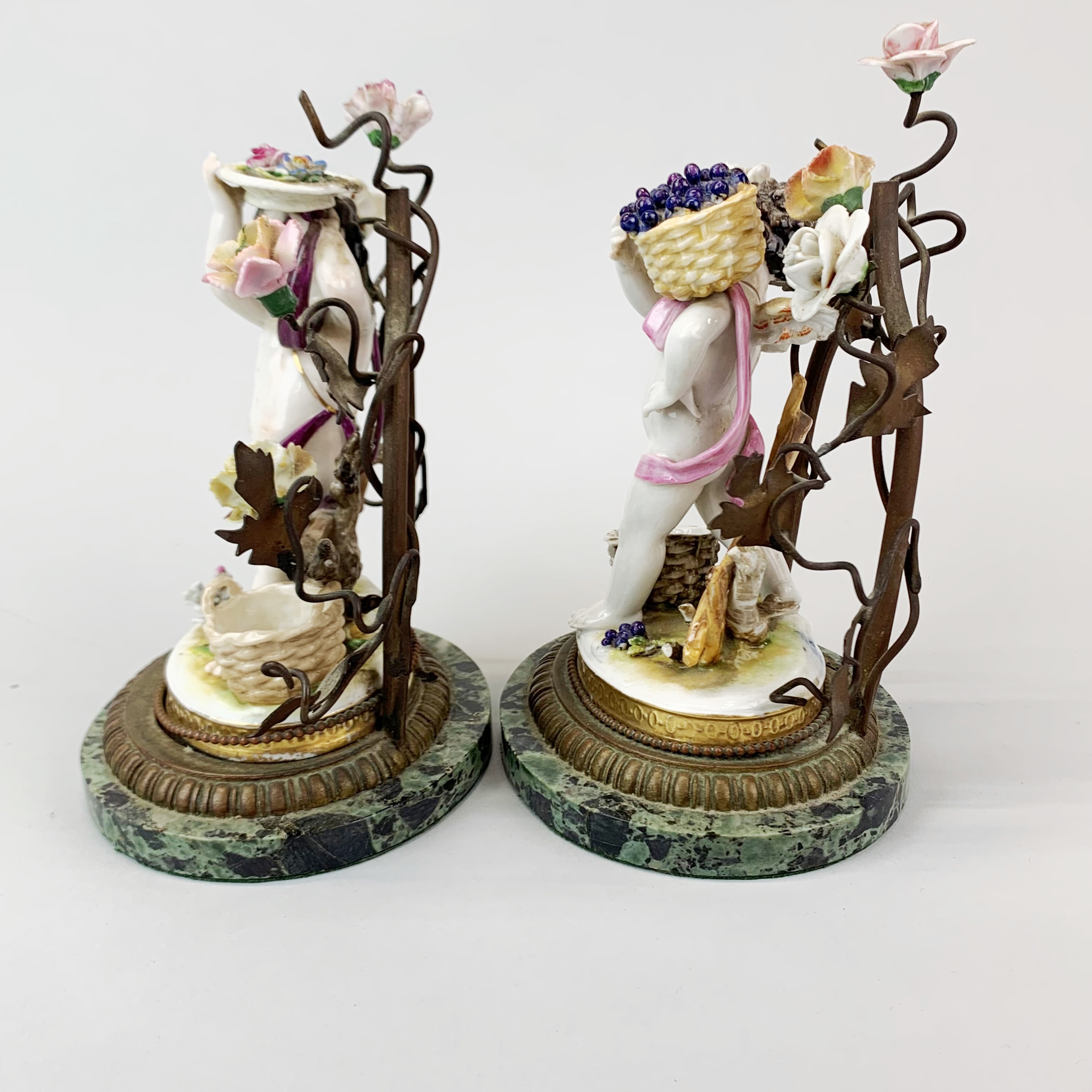 A lovely pair of German porcelain cherub figures with bronze tree decoration and marble bases, H. - Image 4 of 5