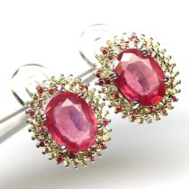 A pair of 925 silver earrings set with oval cut rubies and fancy sapphires, L. 1.4cm.