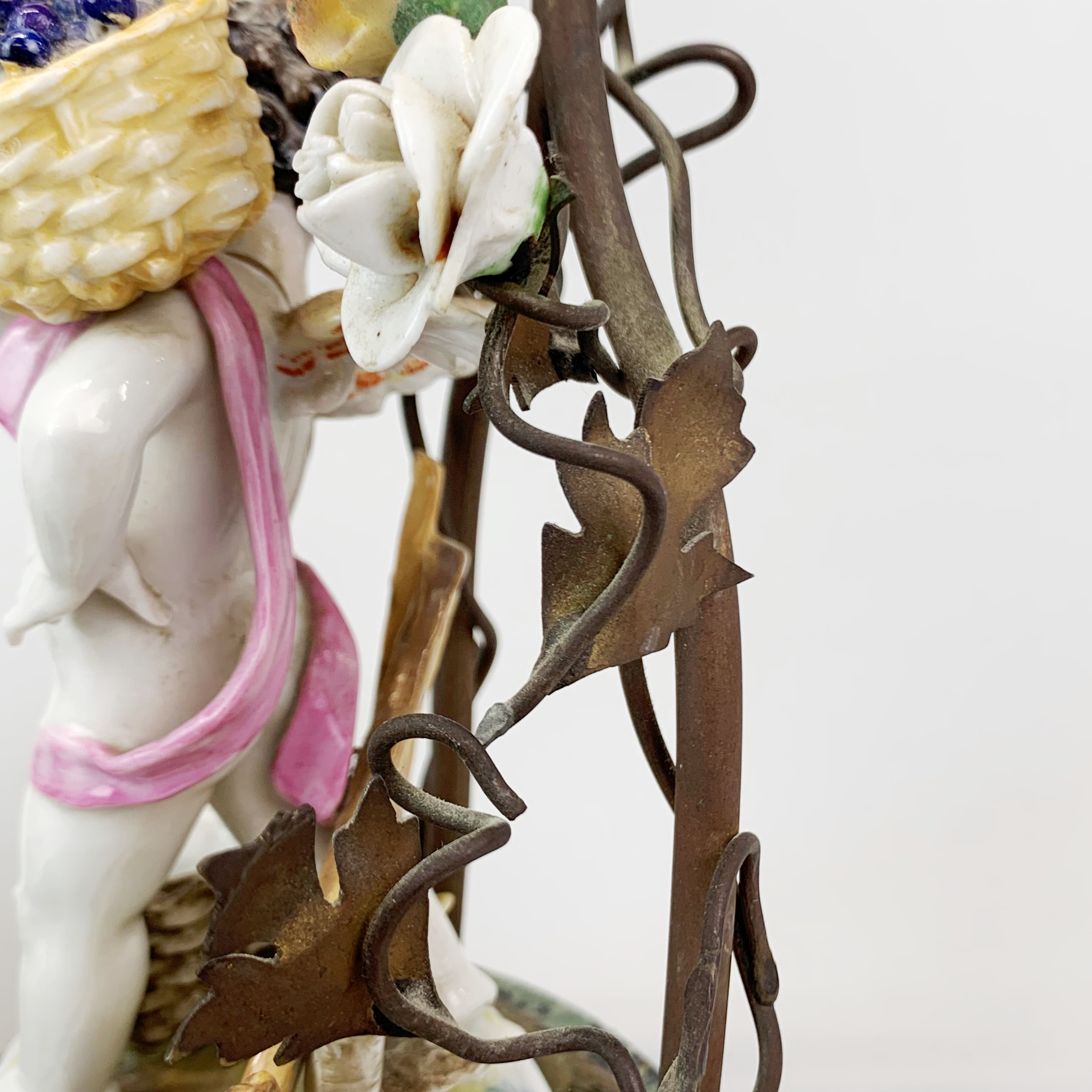 A lovely pair of German porcelain cherub figures with bronze tree decoration and marble bases, H. - Image 3 of 5