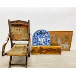 A 19th century child's folding campaign chair with a Victorian meat plate, a marquetry panel and