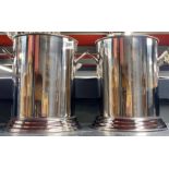 A pair of stainless steel advertising champagne buckets.