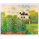 A large unmounted impressionist oil on canvas of a garden, 85 x 72cm.