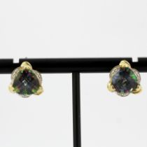 A pair of 9ct yellow gold earrings set with checker board cut mystic topaz and diamonds, L. 1.2cm.