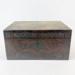 A 19th century brass inlaid rosewood veneered work box, 30 x 23 x 15cm.