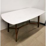 A marble topped garden table on a wooden base, 160 x 90 x 76cm.
