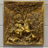 A gilt finished spelter wall panel of a hunting scene, 42 x 44cm. A/F to one horses hoof but the