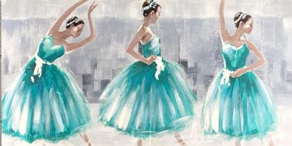 A contemporary oil on canvas of three ballet dancers, 100 x 49cm.