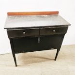A marble topped drop down kitchen cabinet with turned wooden legs, 92 x 91 x 45cm.