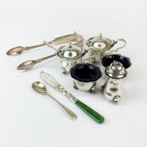 A group of hallmarked and sterling silver cruet and other items.