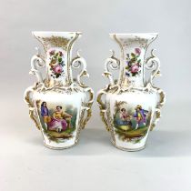 A pair of 19th century French hand painted and gilt porcelain vases, H. 28cm.
