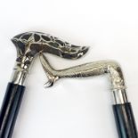 Two silver plated handled walking sticks, L. 90cm.