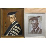 A framed oil on canvas of a gentleman in a cap and gown signed by P. R. Hall dated 1975, frame