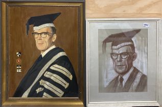 A framed oil on canvas of a gentleman in a cap and gown signed by P. R. Hall dated 1975, frame