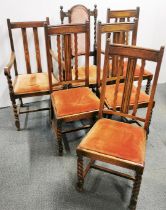 A harlequin set of six oak dining chairs.