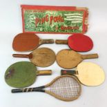 A collection table tennis / ping pong bats including Johnny Leach early strung bat and Gossima box