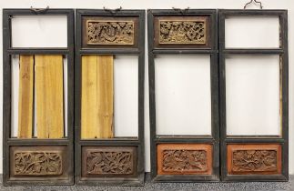 Four antique Chinese wooden screen panels, some with carved and gilt decoration, 73 x 29cm.